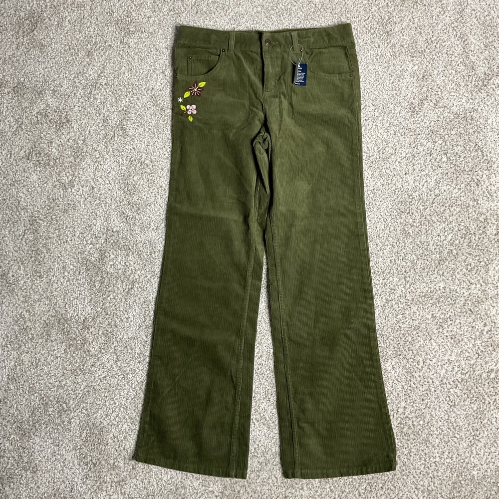 Lands’ End Green Corduroy Pants Youth 16 Floral Embroidery Flare Leg Y2K Style